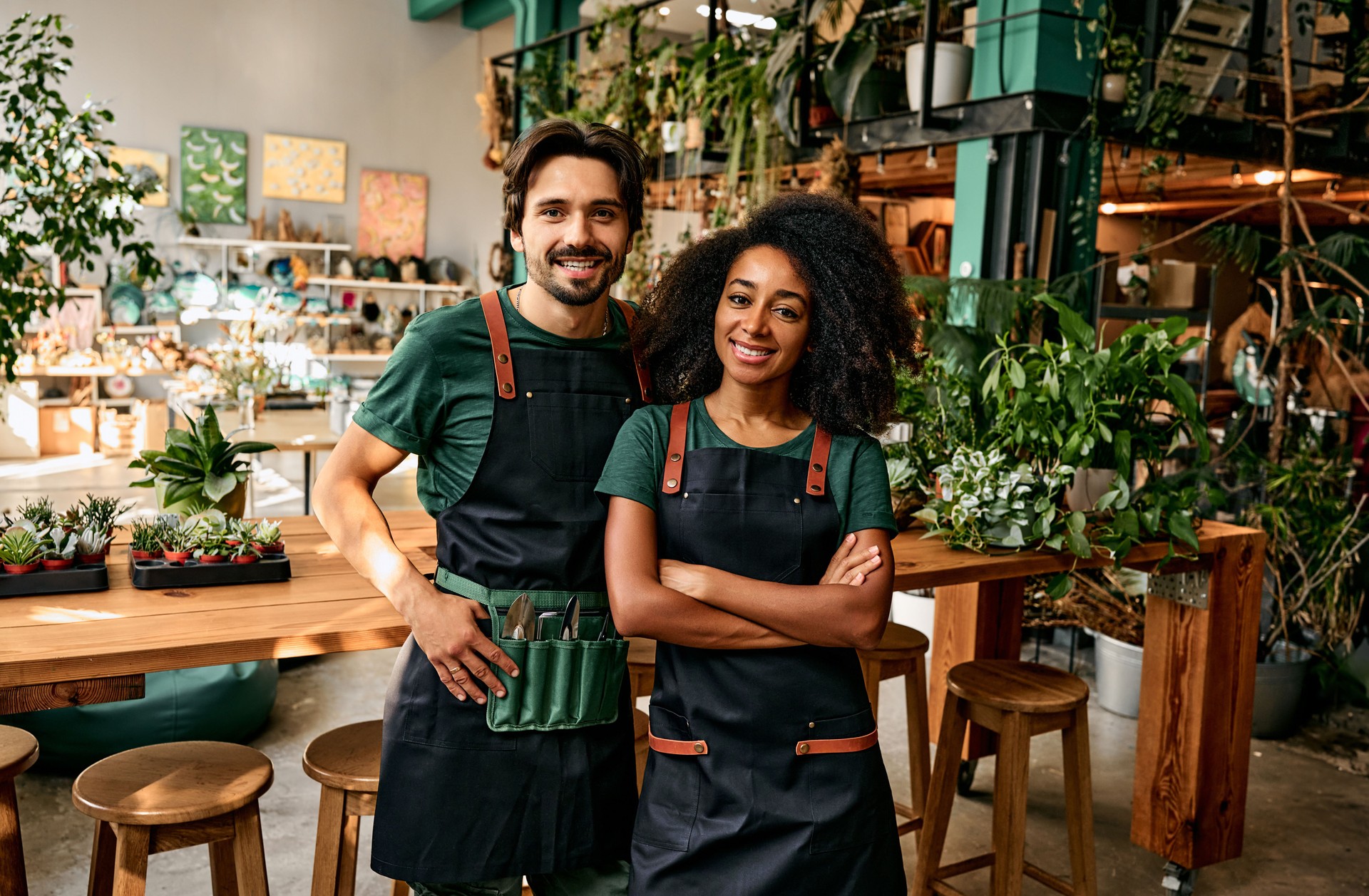 Small flower business. Front view of caucasian man and african american woman in aprons smiling at camera white standing at own shop.